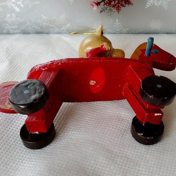 Vintage Wooden Bear Riding a Red Wooden Rolling Horse Toy Christmas Ornament - Picture 7 of 12
